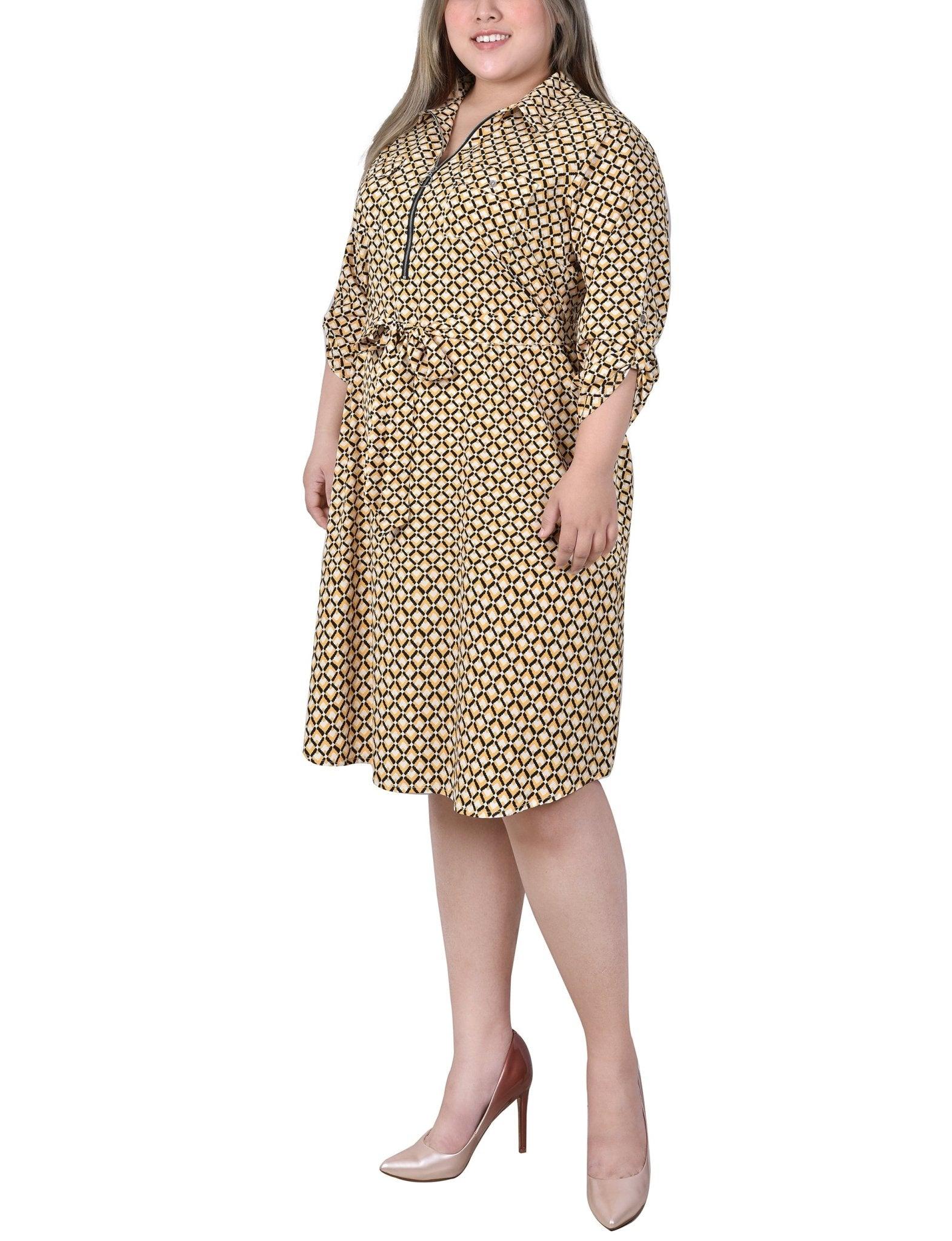 Yellow White Black Diamond 3/4 Roll Tab Sleeve Zippered Shirtdress - Plus Product Image