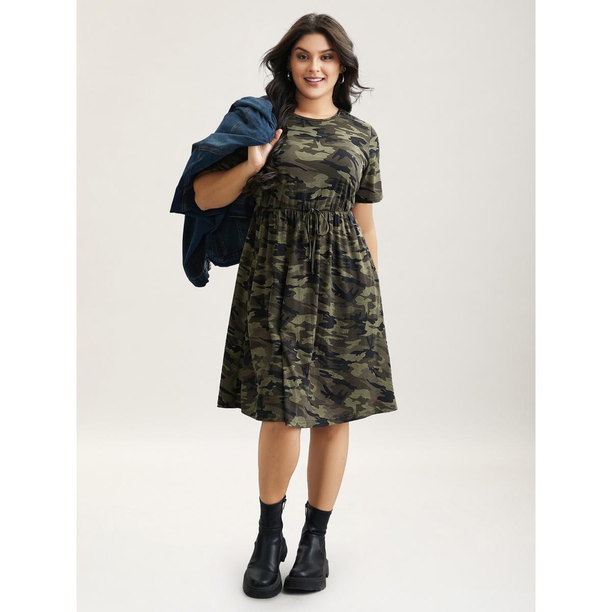 Plus Size Camouflage Print Round Neck Pockets Midi Dress ArmyGreen Women Leisure Tie knot Knit Dresses Bloomchic 22-24/3X Product Image