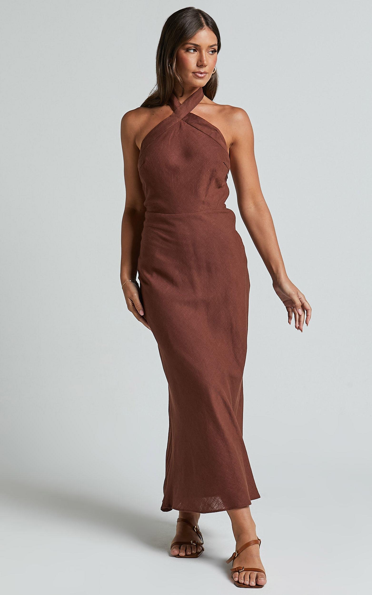 Maelynn Midi Dress - Linen Twist Halter Neck Low Back Slip Dress in Chocolate Product Image