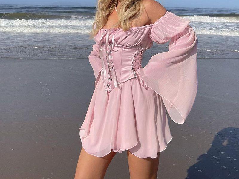Set: Bell-Sleeve Off-Shoulder Mini Dress + Lace Up Corset Product Image