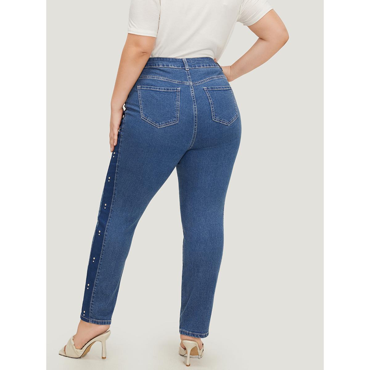 Plus Size Pearl Beaded Patchwork Medium Wash Jeans Women Indigo Casual Colorblock Beaded High stretch Pocket Jeans BloomChic 18/2X Product Image