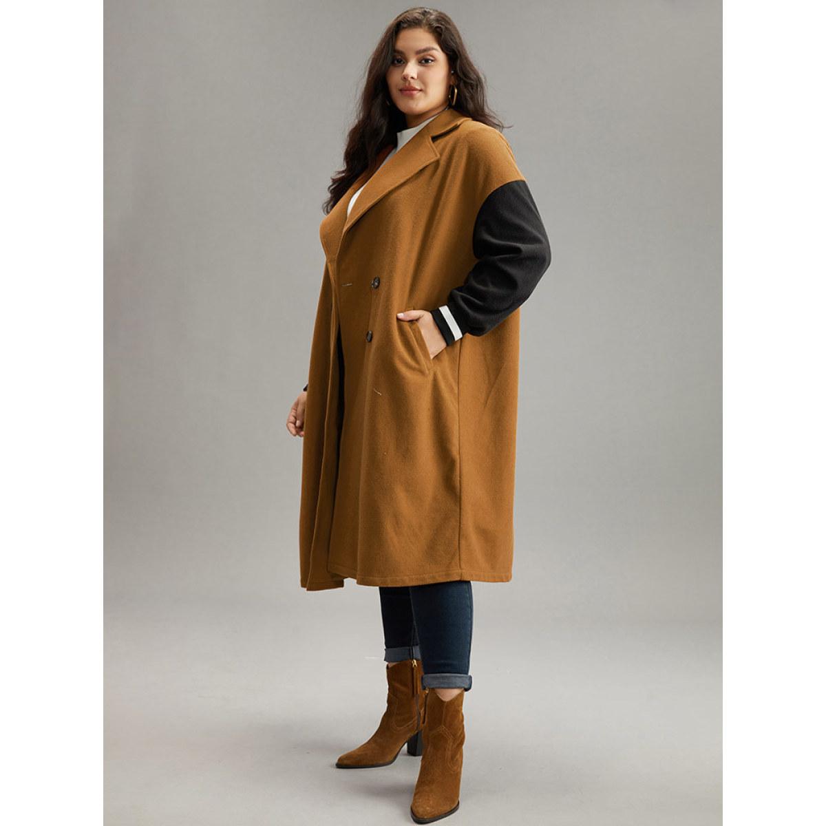 Plus Size Lapel Collar Patchwork Contrast Trim Coat Women Tan Casual Contrast Ladies Everyday Winter Coats BloomChic 30/6X Product Image