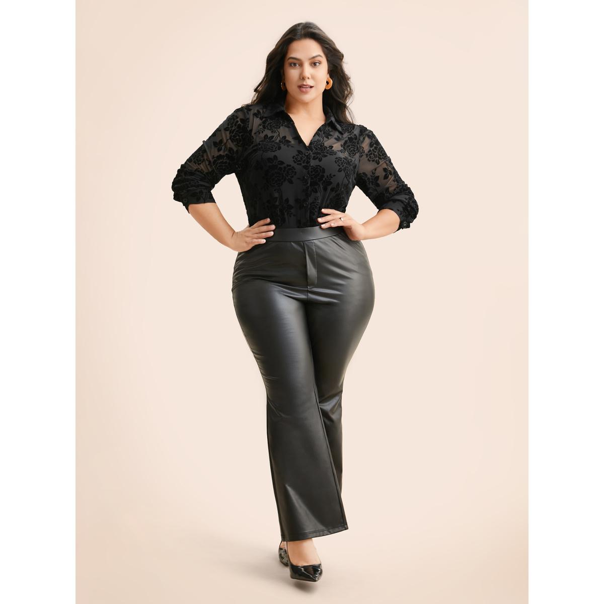 Plus Size Black Shirt Collar Floral Flocking Mesh Blouse Women Elegant Long Sleeve Shirt collar Everyday Blouses BloomChic 26/4X Product Image