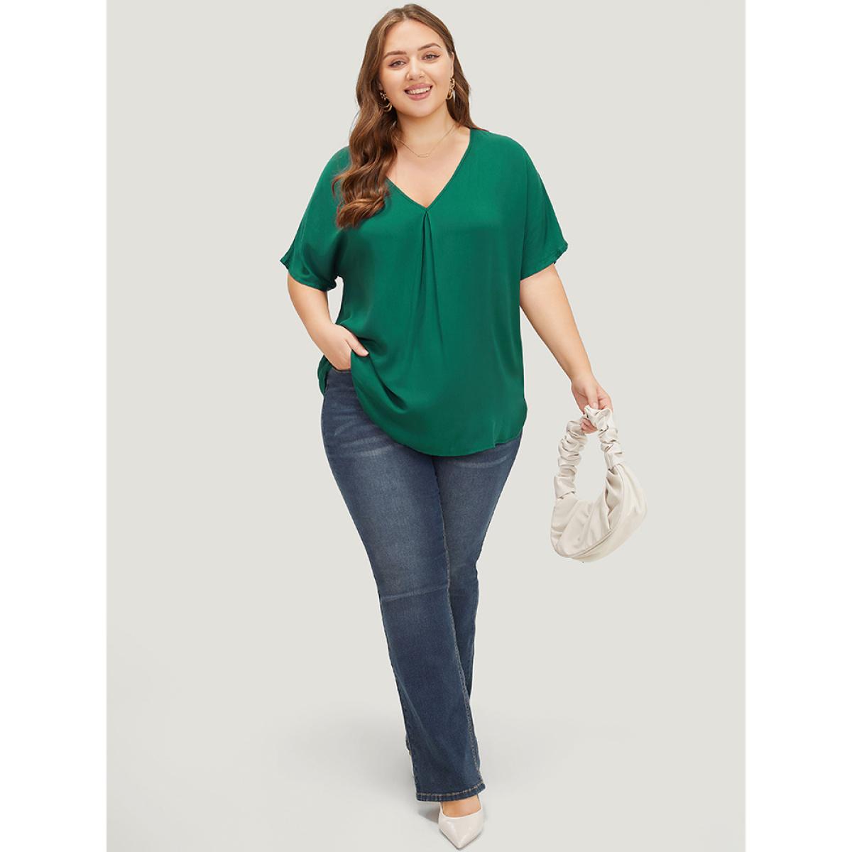Plus Size ArmyGreen Plain Plicated Detail Batwing Sleeve Curved Hem Blouse Women Office Short sleeve V-neck Office Blouses BloomChic 10/M Product Image