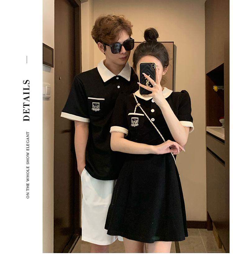 Couple Matching Short-Sleeve Collar Logo Contrast Trim Mini A-Line Dress / Polo Shirt / Mid Rise Plain Shorts Product Image