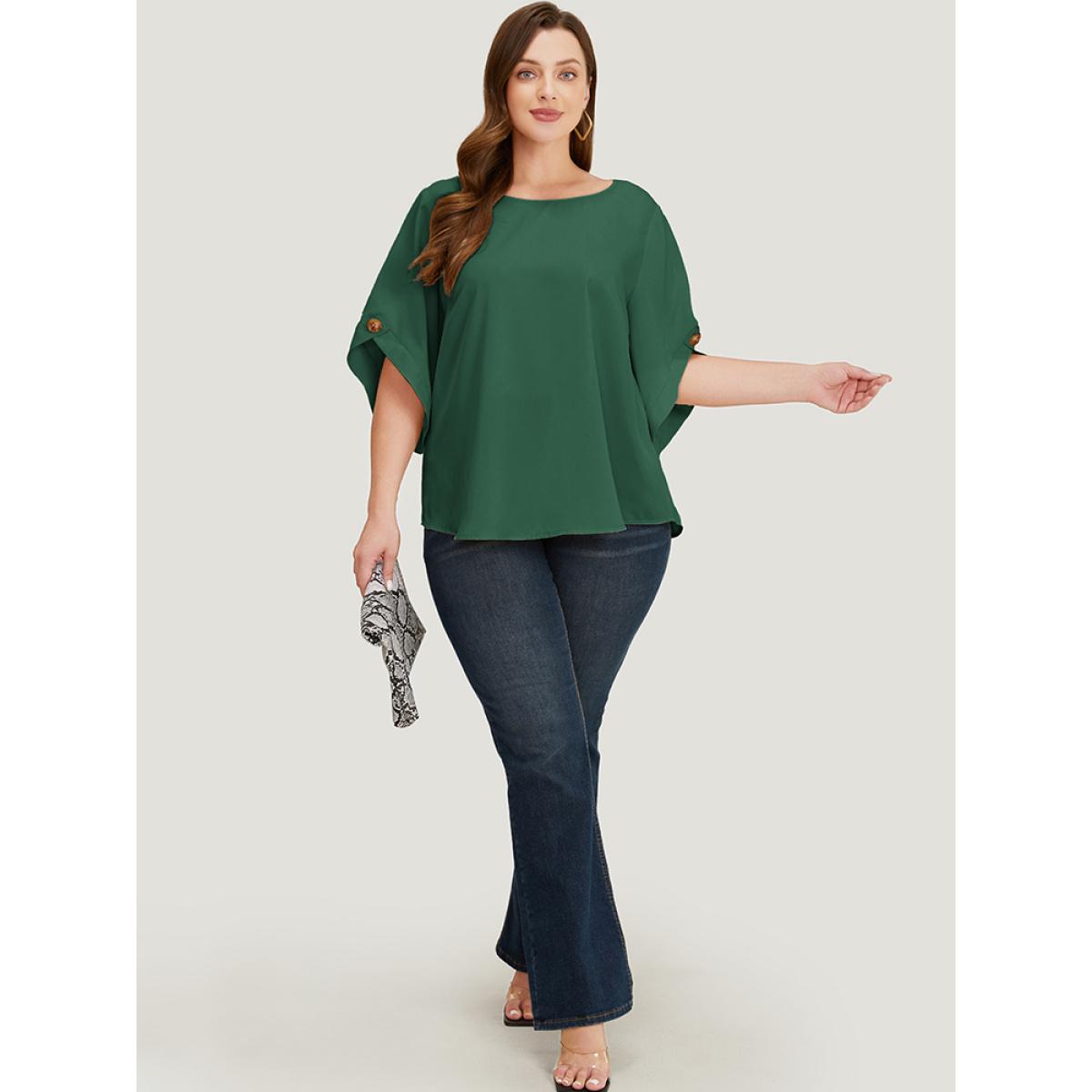 Plus Size ArmyGreen Solid Button Detail Flounce Sleeve Blouse Women Office Elbow-length sleeve Round Neck Dailywear Blouses BloomChic 14-16/1X Product Image