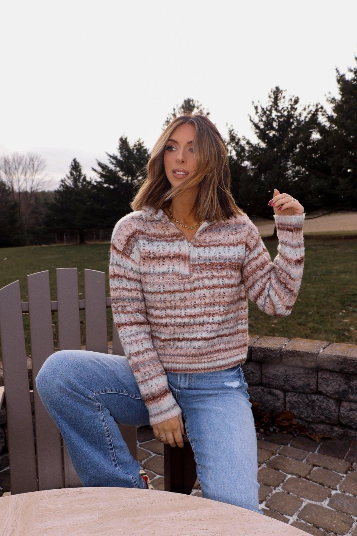 Brown Multi Striped Half Zip Sweater - FINAL SALE Product Image