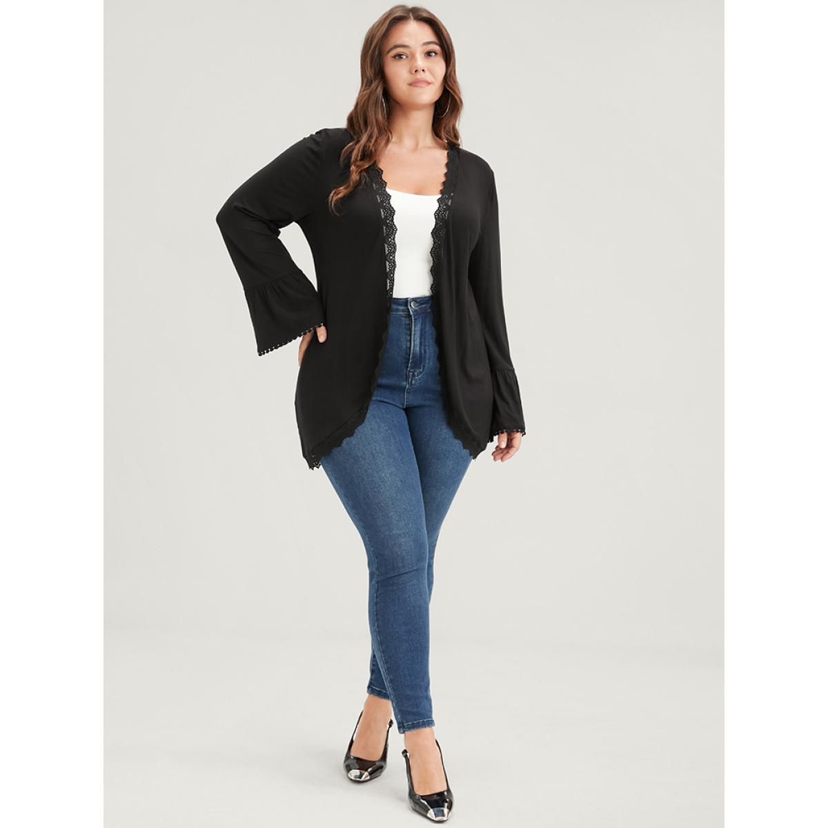 Plus Size Solid Ruffle Sleeve Lace Trim Coat Women Black Elegant Patchwork Ladies Dailywear Winter Coats BloomChic 12/L Product Image