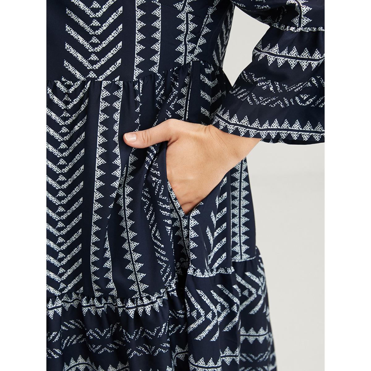 Plus Size Bloom Dress -Geometric Pocket Ruffles V Neck Knee Dress DarkBlue Women Vacation Pocket V-neck Elbow-length sleeve Curvy Knee Dress BloomChic 10/M Product Image