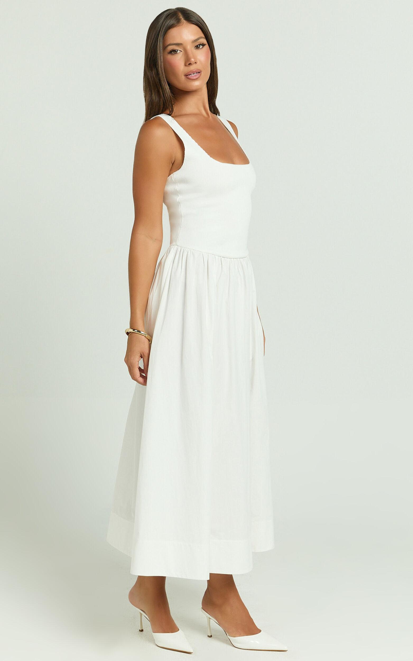 Murphy Midi Dress - Scoop Neck Straight Drop Waist Gathered Skirt Knit And Poplin Dress in White Product Image