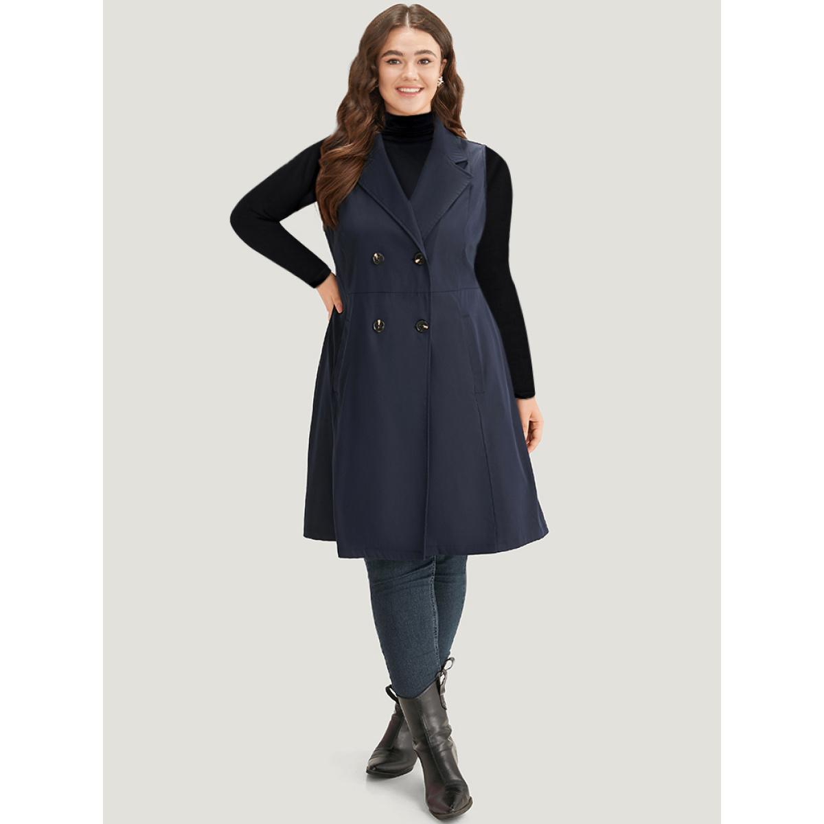 Plus Size Plain Pocket Button Through Suit Collar Coat Women DarkBlue Casual Plain Ladies Dailywear Winter Coats BloomChic 28/5X Product Image