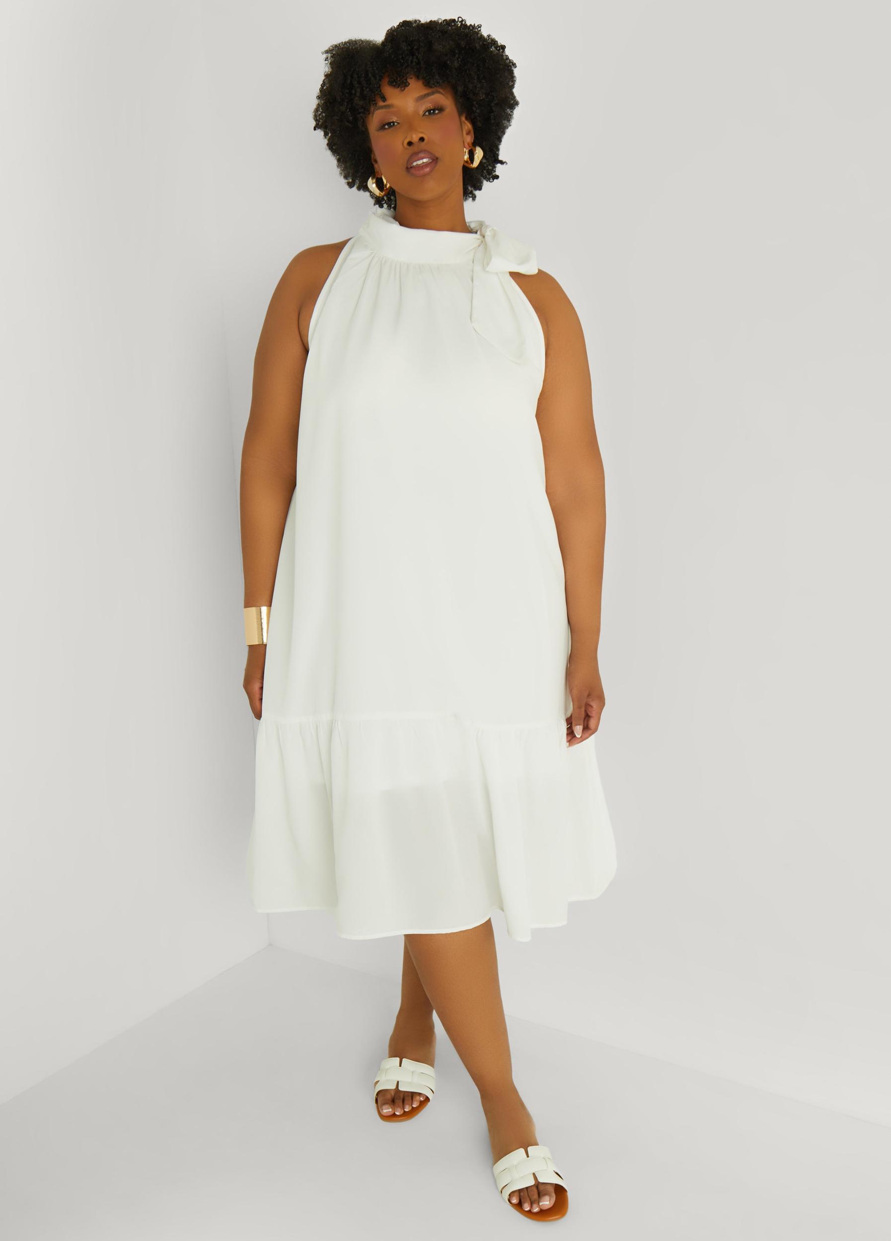 Plus Size Flounced Tie Neck Midi Dress Ashley Stewart Product Image