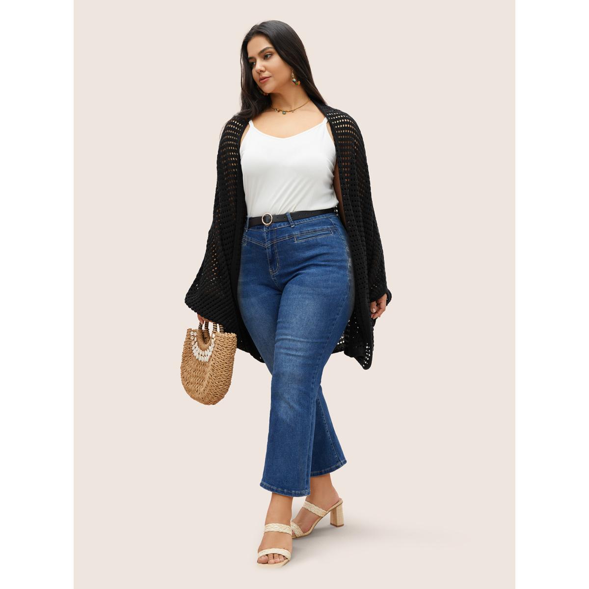 Plus Size Plain Pointelle Knit Batwing Sleeve Cardigan Black Women Casual Loose Long Sleeve Everyday Cardigans BloomChic 10/M Product Image