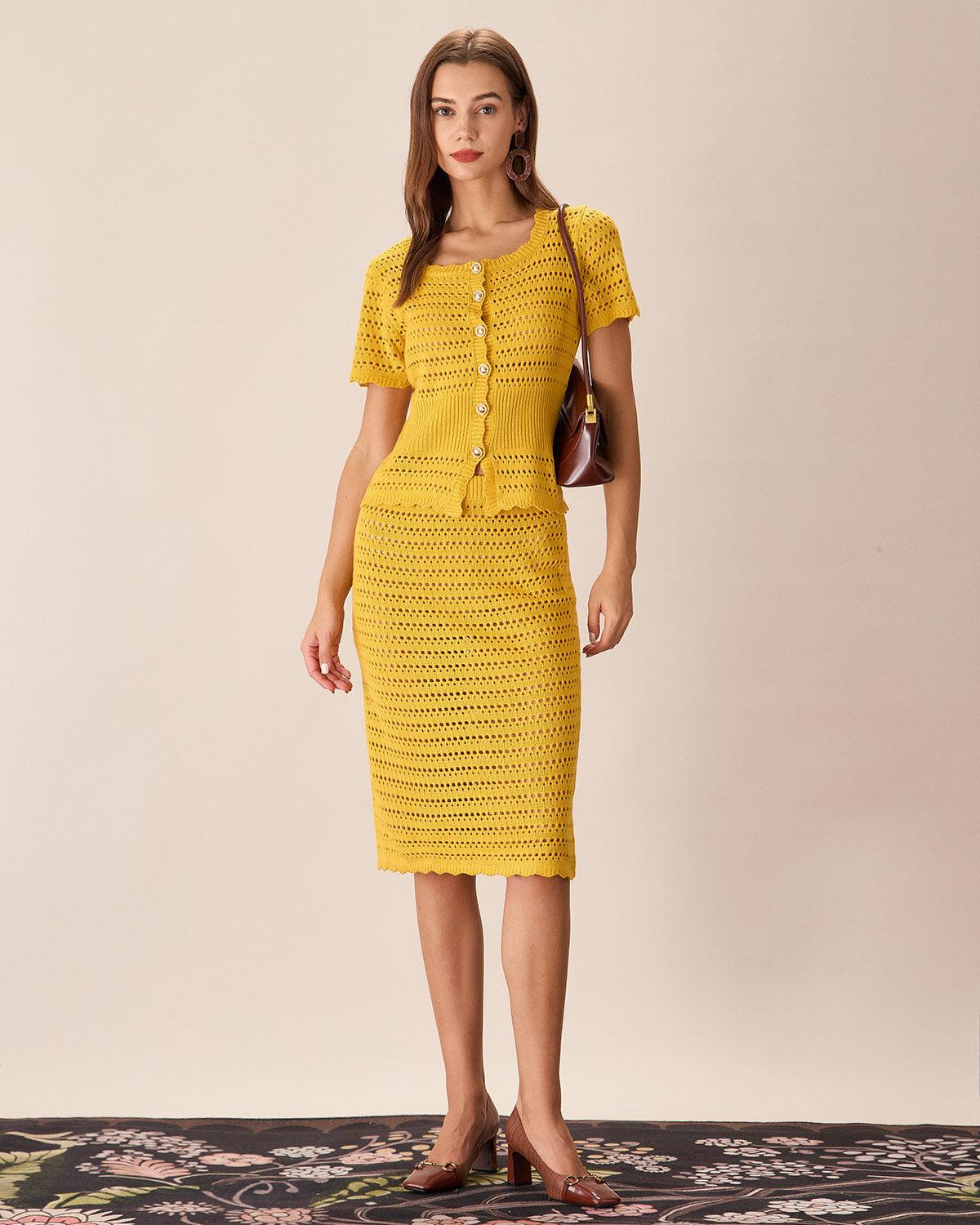 Yellow High-waisted Knee Length Knit Skirt Product Image