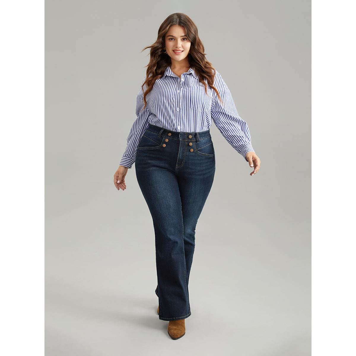 Plus Size Flare Leg Button Detail High Rise Jeans Women Indigo Casual Plain Non High stretch Slanted pocket Jeans BloomChic 24/3X Product Image