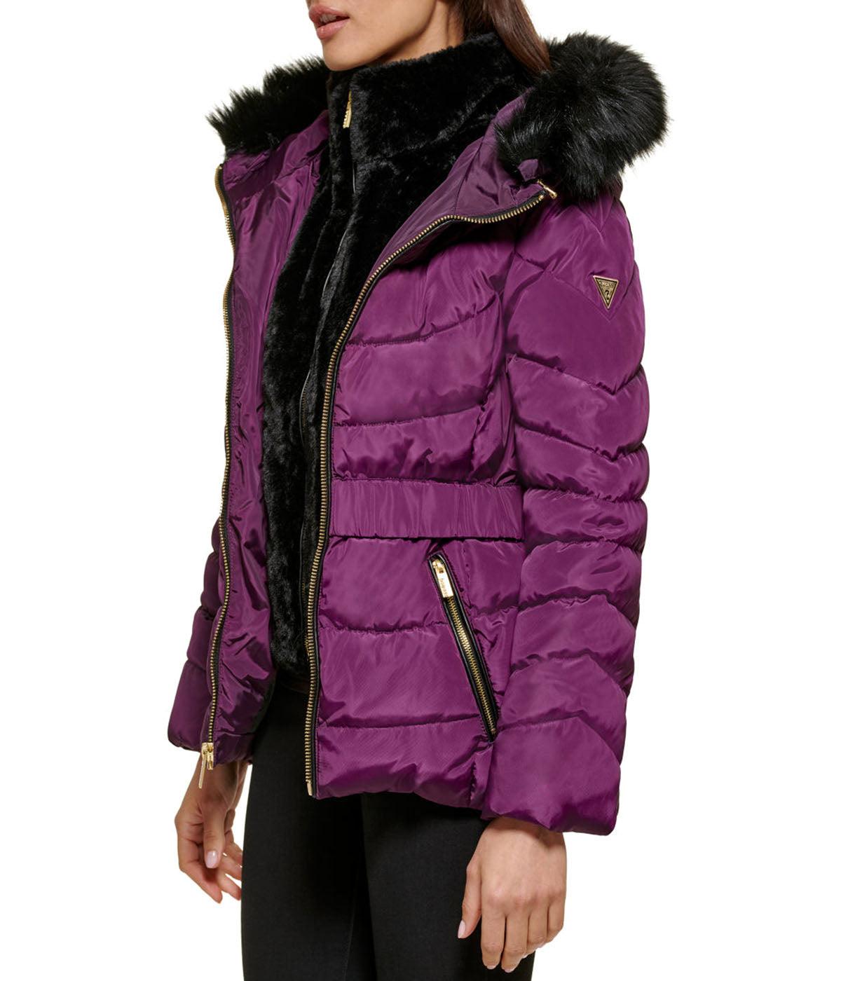 Faux Fur Trim Puffer Jacket 2 Eggplant Product Image