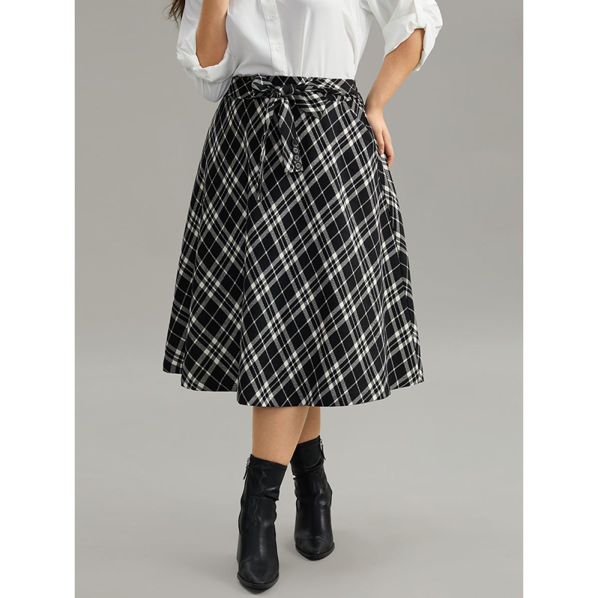 Plus Size Plaid Elastic Waist Knot Ties Skirt Women Black Office Cross straps No stretch Pocket Work Skirts BloomChic 30/6X Product Image