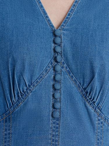 Denim V-Neck Gathered Waist Women Midi Dress Product Image