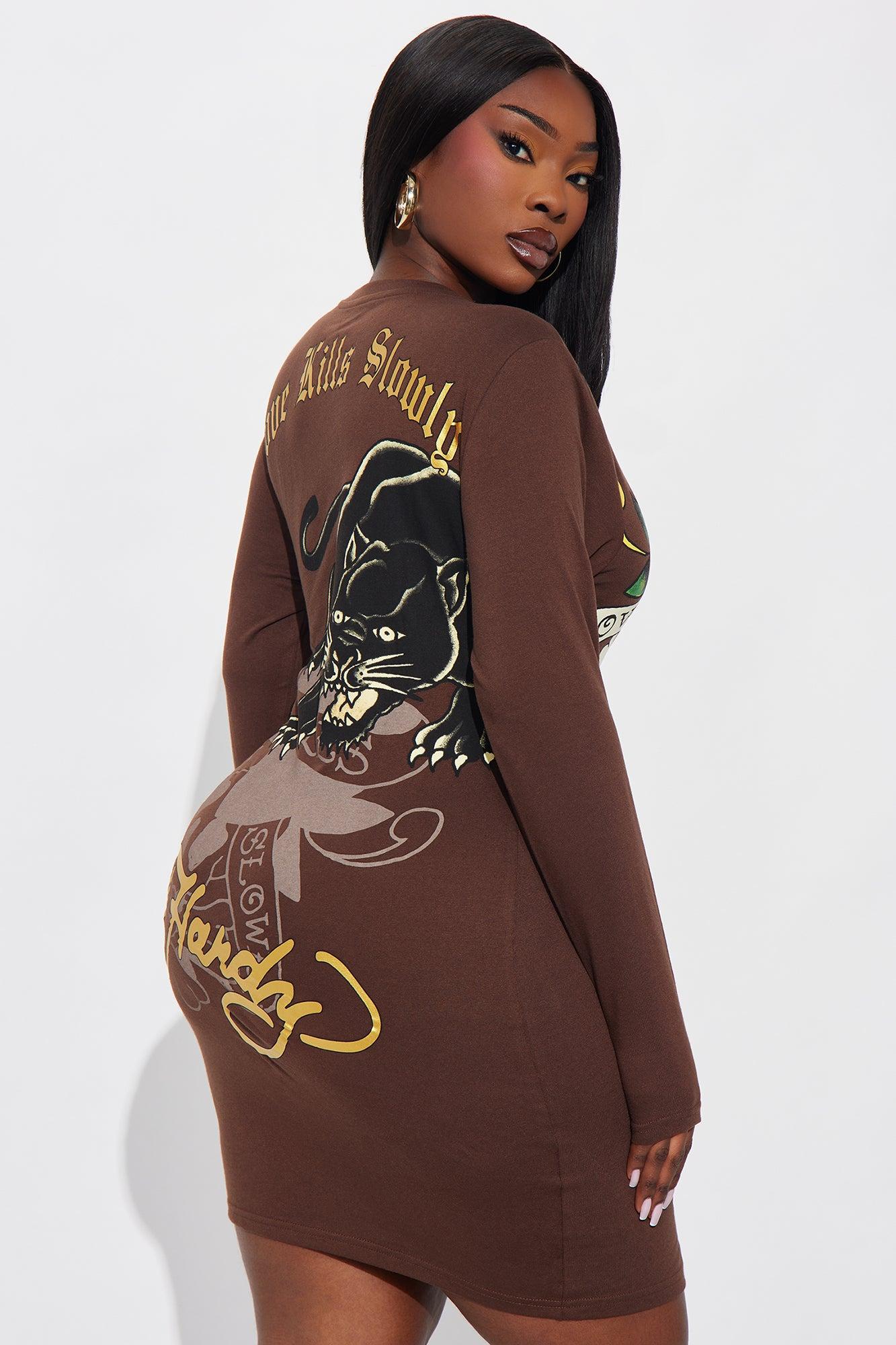 Ed Hardy Love Kills Slowly Skull Long Sleeve Mini Dress - Chocolate Female Product Image