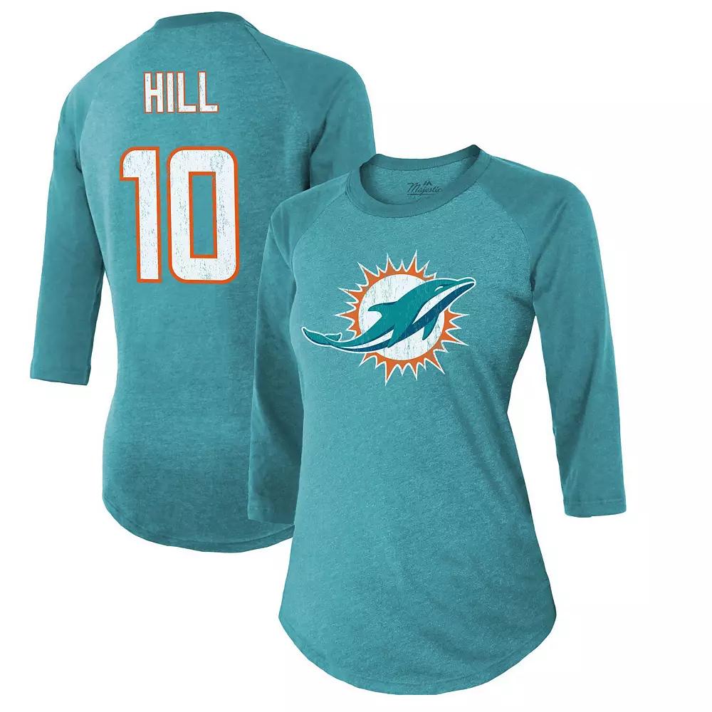 Women's Majestic Threads Tyreek Hill Aqua Miami Dolphins Name & Number Raglan 3/4 Sleeve T-Shirt,  Product Image