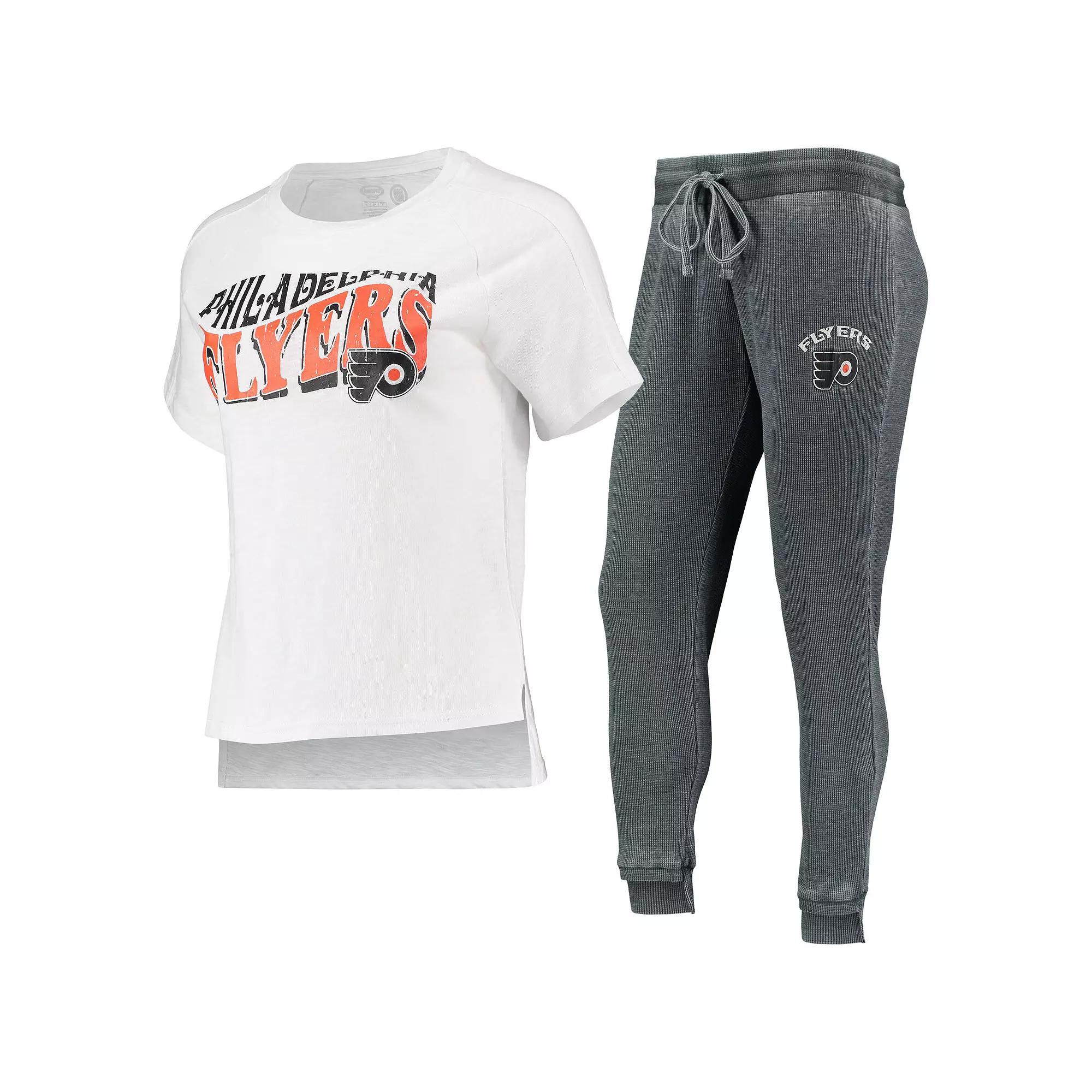 Women's Concepts Sport Charcoal/White Philadelphia Flyers Resurgence Slub Burnout Raglan T-Shirt & Joggers Sleep Set,  Product Image