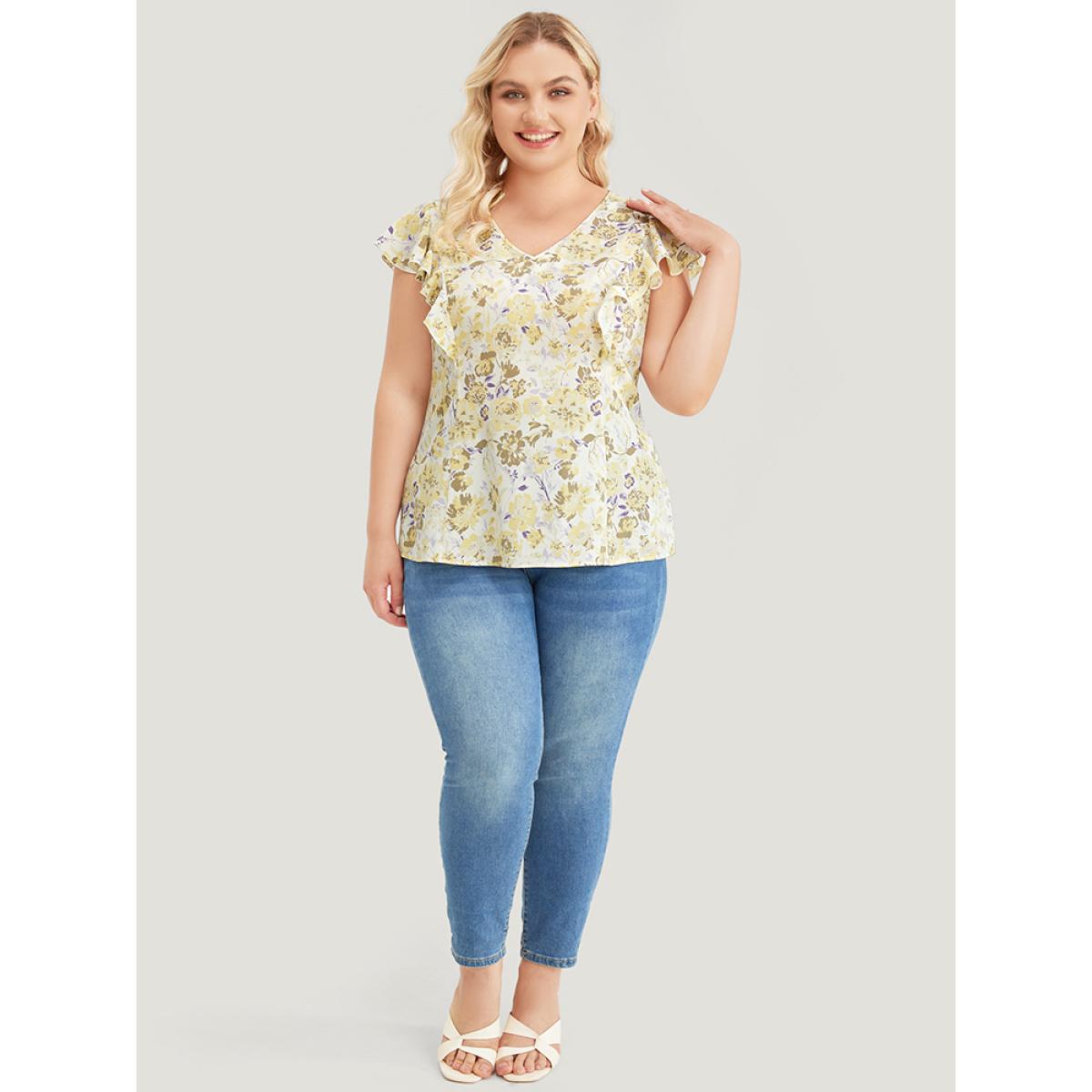 Plus Size White Floral Print V Neck Ruffle Trim Cap Sleeve Blouse Women Elegant Cap Sleeve V-neck Dailywear Blouses BloomChic 28/5X Product Image