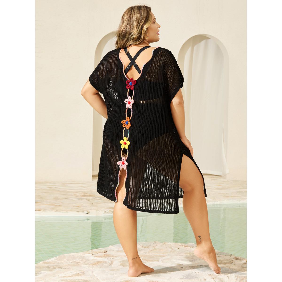 Plus Size Crochet Flower Backless Slit Swim Cover-Up Women's Swimwear Black Beach Loose Curve Swim Cover Ups BloomChic 14-16/1X Product Image