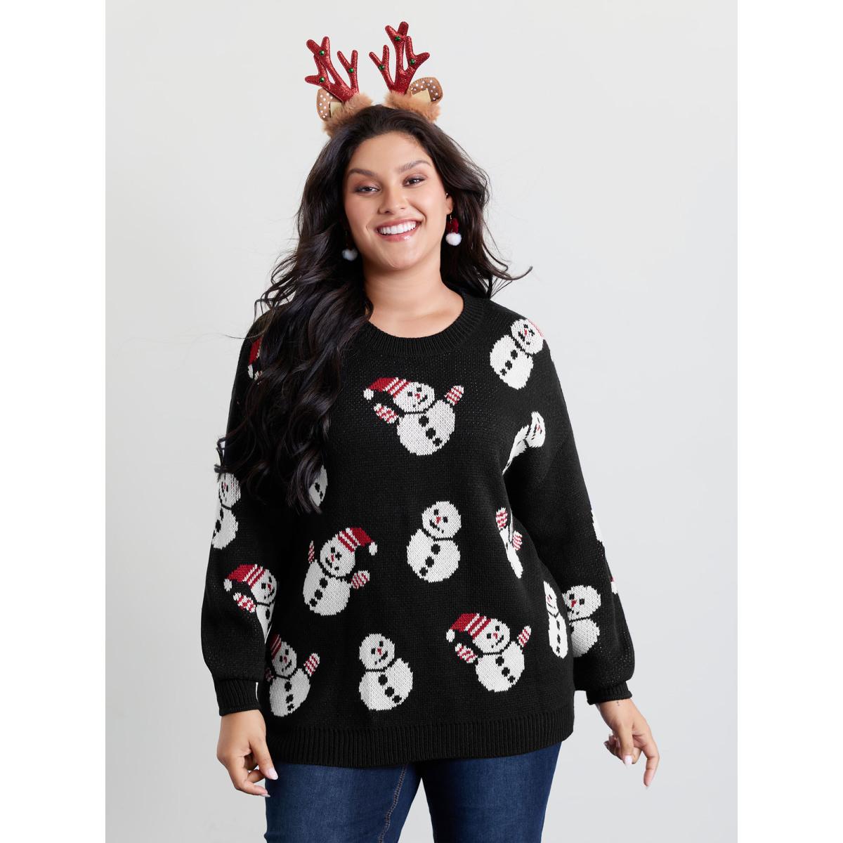 Plus Size Snowman Jacquard Round Neck Pullover Black Women Playful Loose Long Sleeve Round Neck Casual Pullovers BloomChic 12/L Product Image