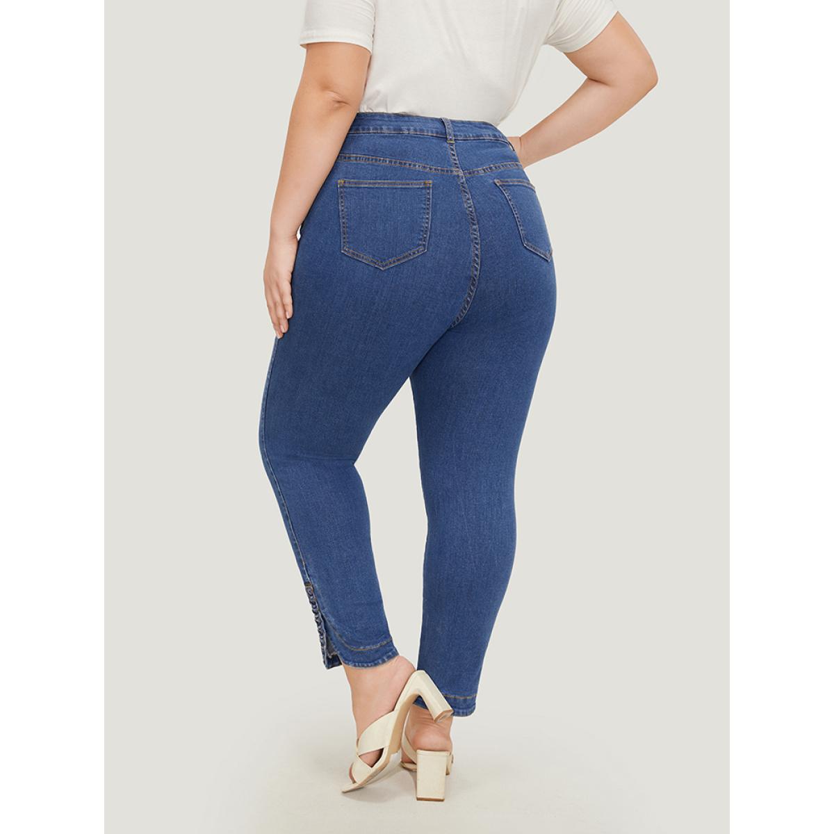 Plus Size Split Arc Hem Medium Wash Jeans Women Blue Casual Plain Arc Hem High stretch Pocket Jeans BloomChic 18/2X Product Image