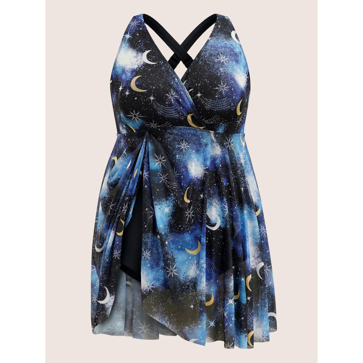 Plus Size Overlap Collar Star & Moon Mesh Swim Dress Women's Swimwear Black Beach Bodycon Overlap Collar High stretch Curve Swim Dresses BloomChic 10/M Product Image
