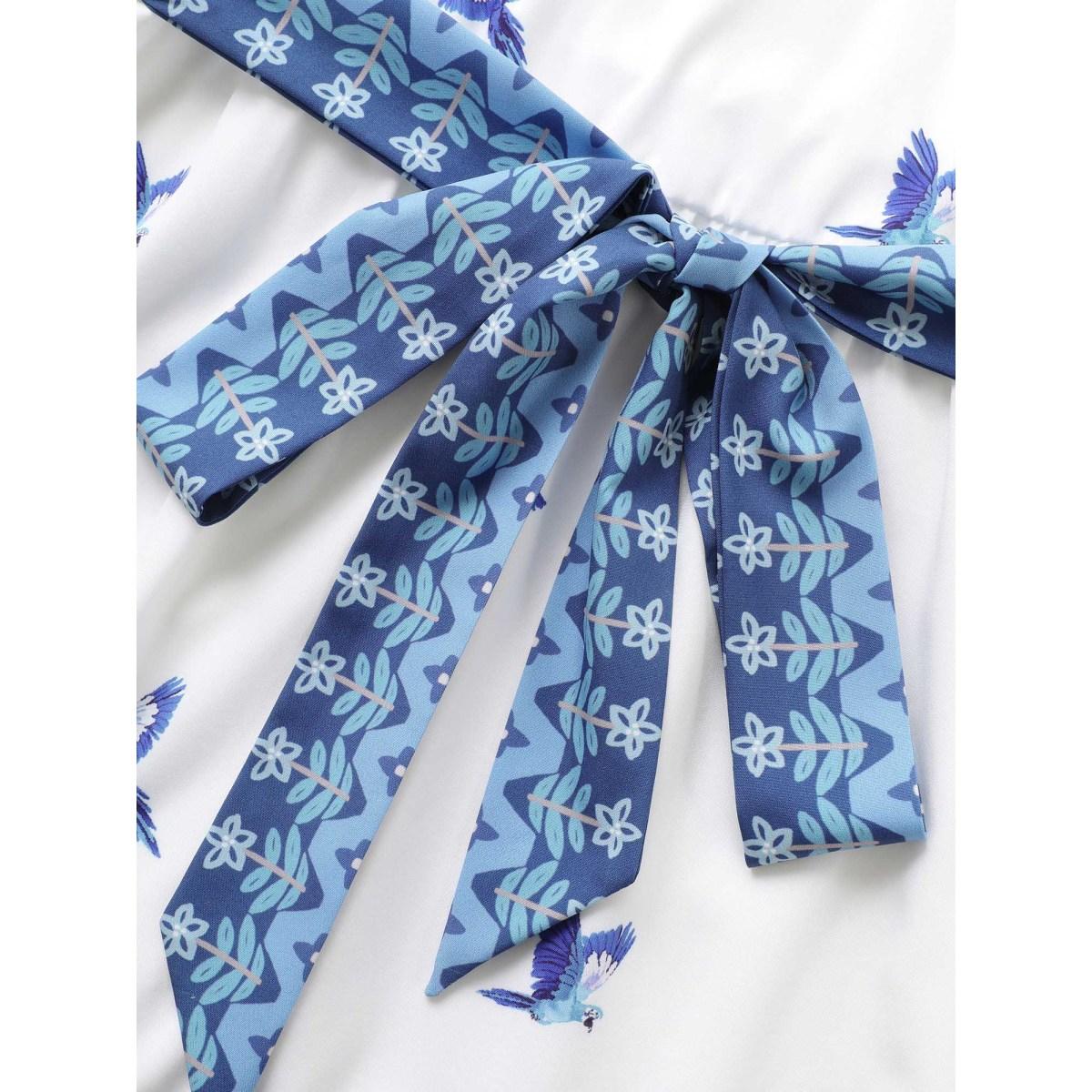 Plus Size V Neck Tropical Print Ruffle Sleeve Maxi Dress Mediumblue Women Resort Tie knot V-neck Short sleeve Curvy BloomChic 10/M Product Image