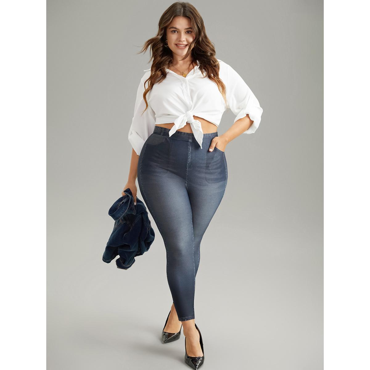 Plus Size Denim Effect Print Pocket High Rise Leggings Women Indigo Casual High stretch Skinny High Rise Dailywear Leggings BloomChic 10/M Product Image