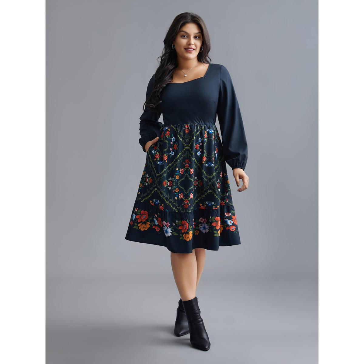Plus Size Floral Printed Heart neckline Lantern Sleeve Dress DarkBlue Women Elegant Patchwork Heart neckline Long Sleeve Curvy BloomChic 22-24/3X Product Image