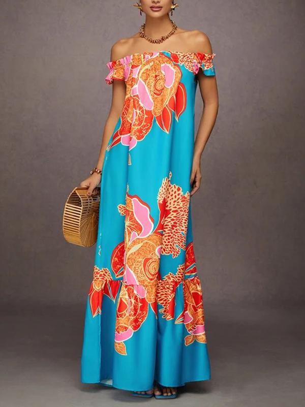 A-Line Loose Elasticity Flower Print Pleated Split-Joint Off-The-Shoulder Maxi Dresses Product Image