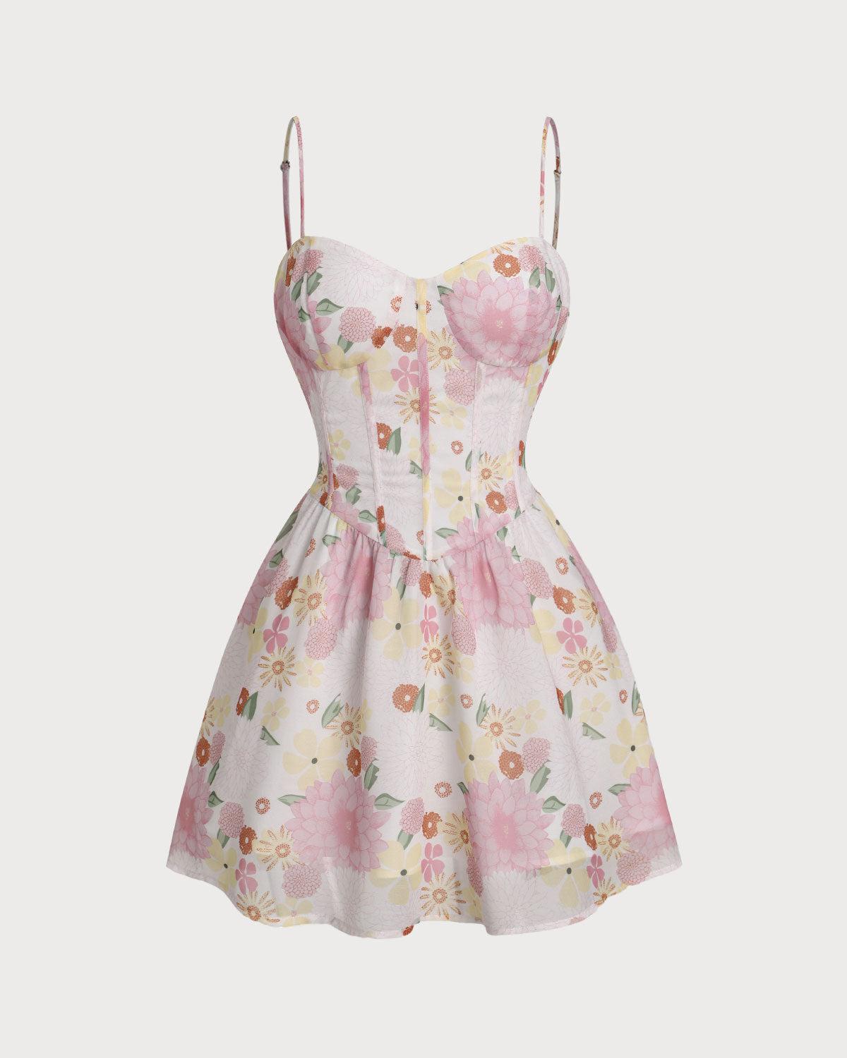 Pink Floral Sweetheart Neck Slip Mini Dress Product Image