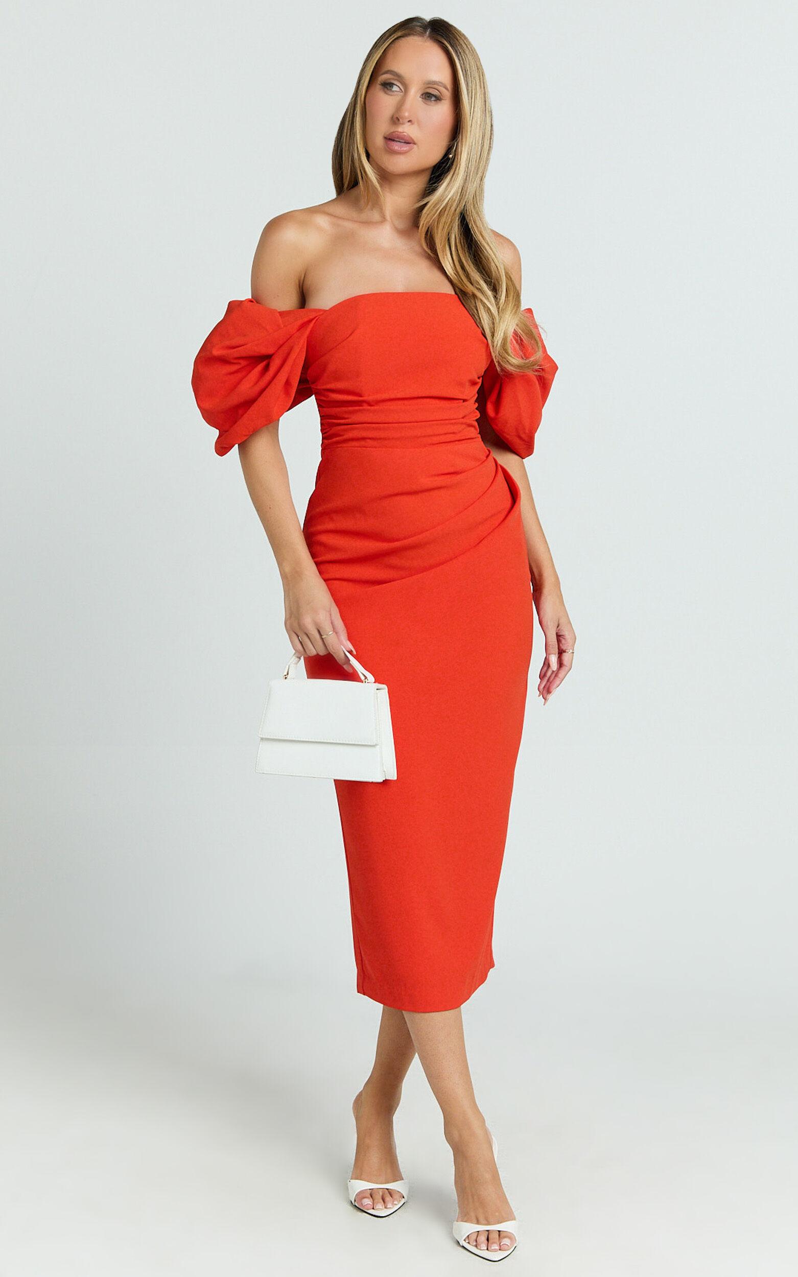 Lohan Midi Dress - Off Shoulder Puff Sleeve in Orange Product Image
