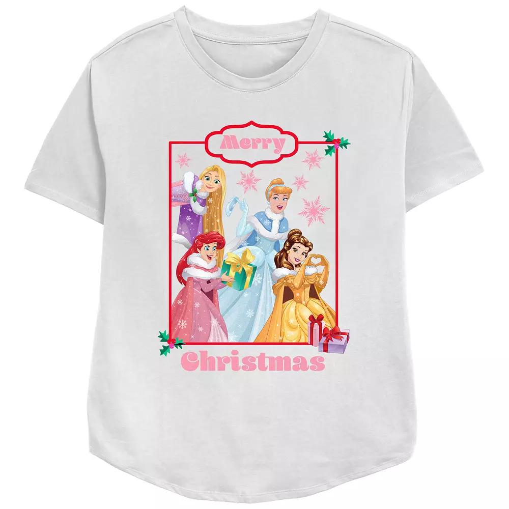 Disney Princess Rapunzel, Cinderella, Ariel & Belle Merry Christmas Women's Relaxed Fit Graphic Tee,  Product Image