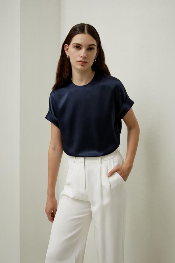 LILYSILK T Shirt Silk - Womens - Navy Blue 100 Silk - Organic Oversized Tops XS Product Image