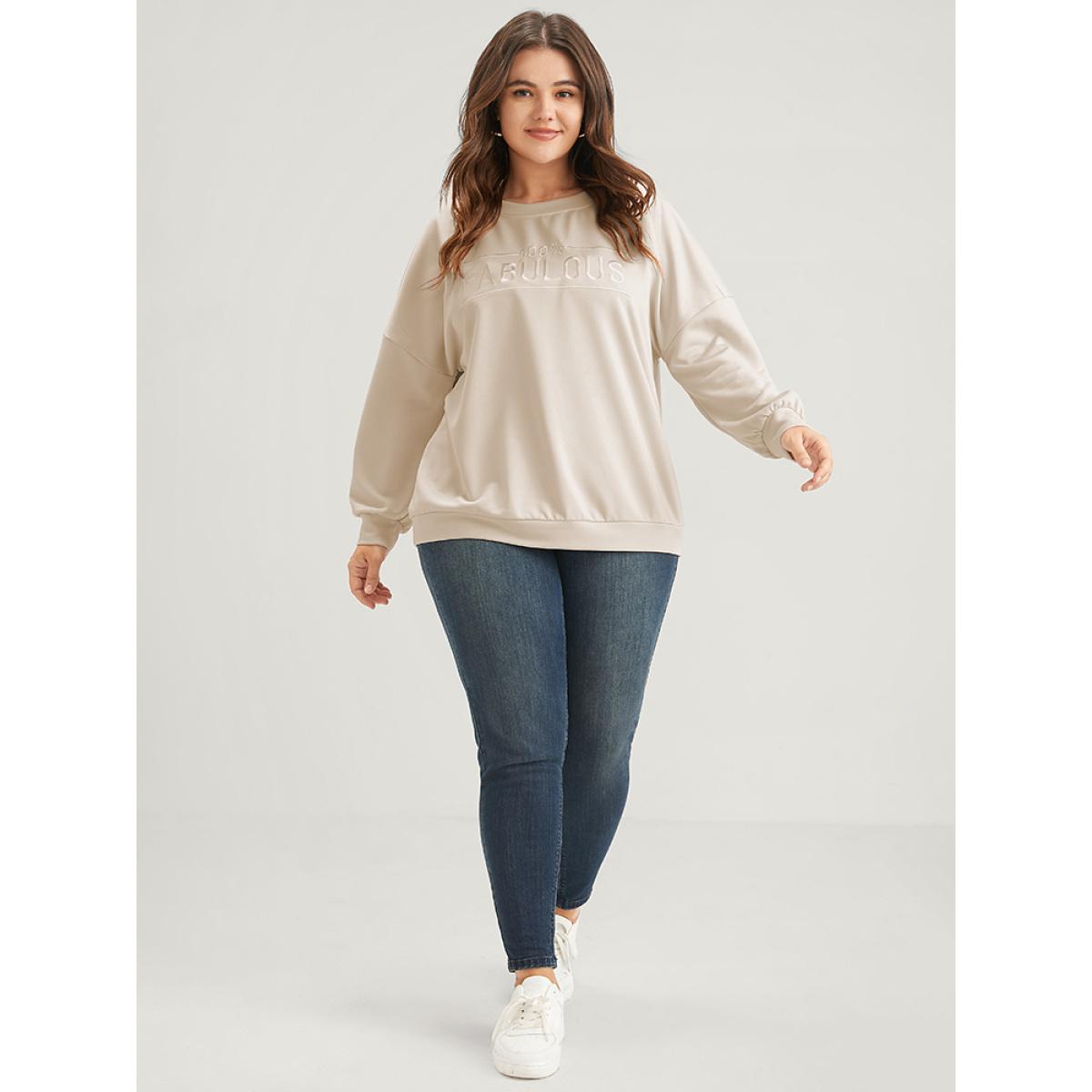 Plus Size Solid Letter Embroidered Drop Shoulder Sweatshirt Women Beige Casual Embroidered Loose Round Neck Dailywear Sweatshirts BloomChic 14-16/1X Product Image