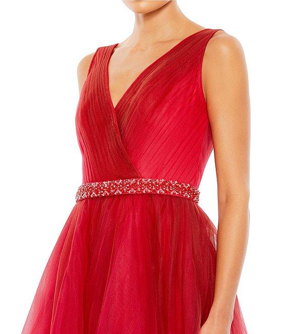 Mac Duggal Ombre Tulle Surplice V-Neck Sleeveless Embellished Belt Gown Product Image
