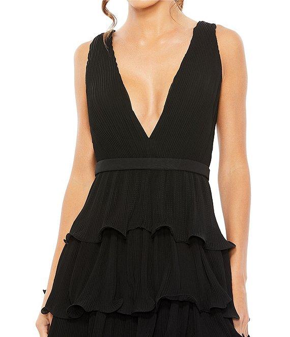 Mac Duggal Deep V-Neck Sleeveless Ruffle Tiered Thigh High Slit Gown Product Image