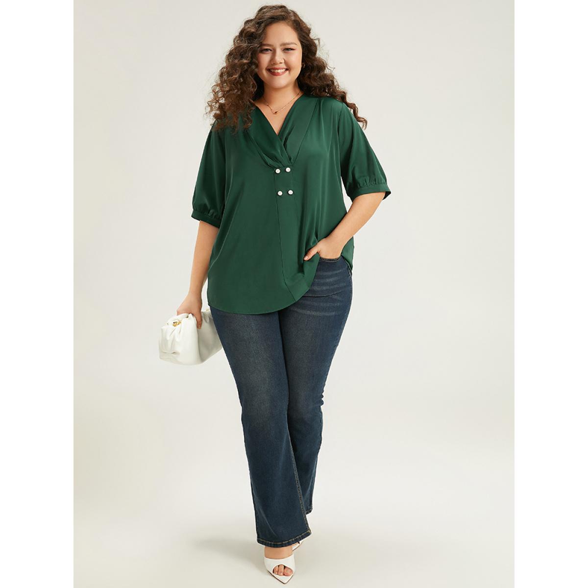 Plus Size DarkGreen Button Detail Plicated Detail Blouse Women Office Half Sleeve V-neck Work Blouses BloomChic 30/6X Product Image