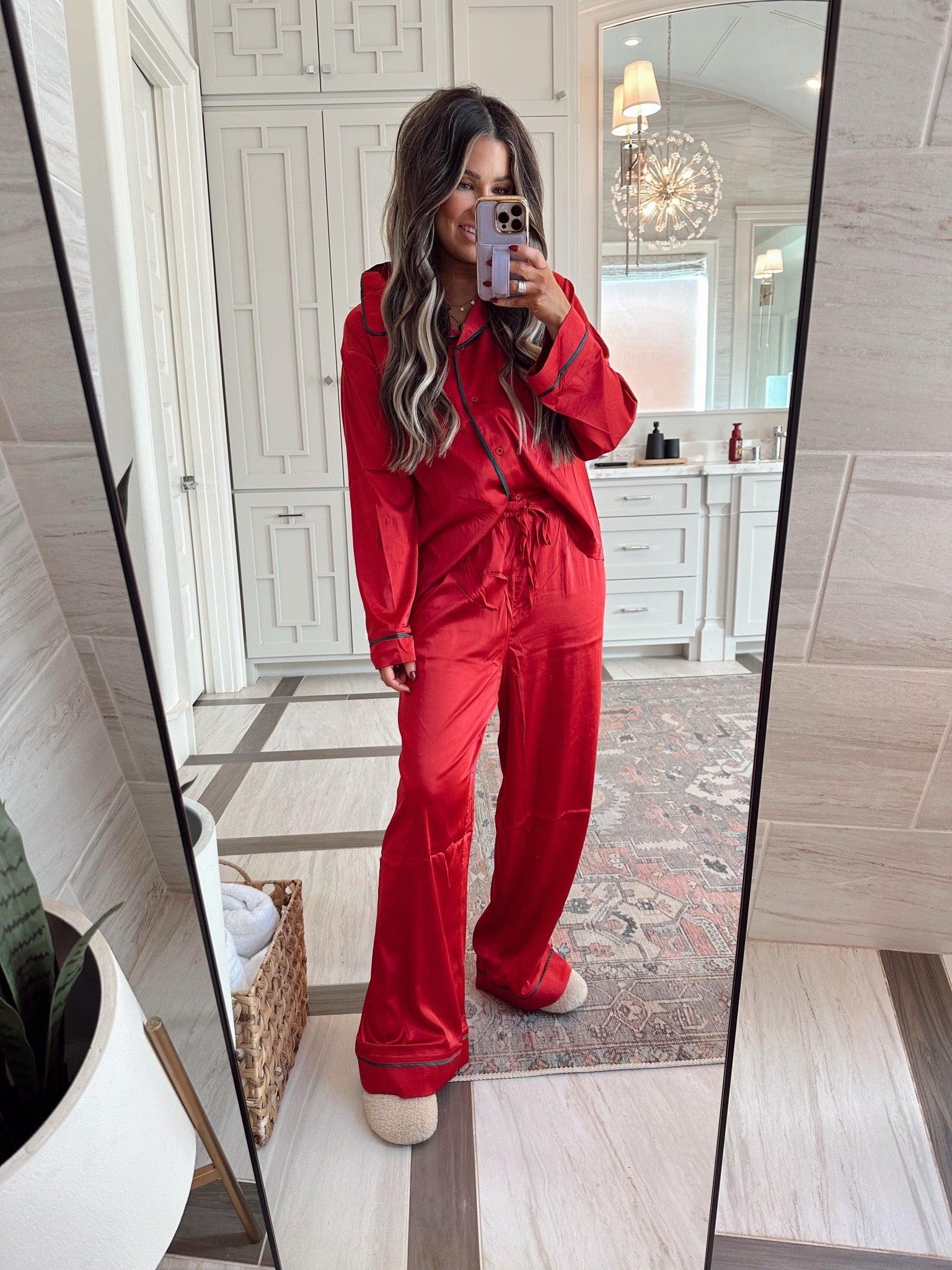 Dreamy Red and Green Satin Pajama Set - FINAL SALE Female Product Image