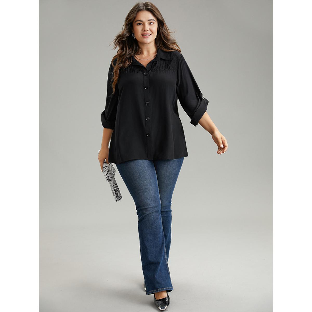 Plus Size Black Solid Button Through Roll Tab Sleeve Blouse Women Office Long Sleeve Shirt collar Work Blouses BloomChic 12/L Product Image
