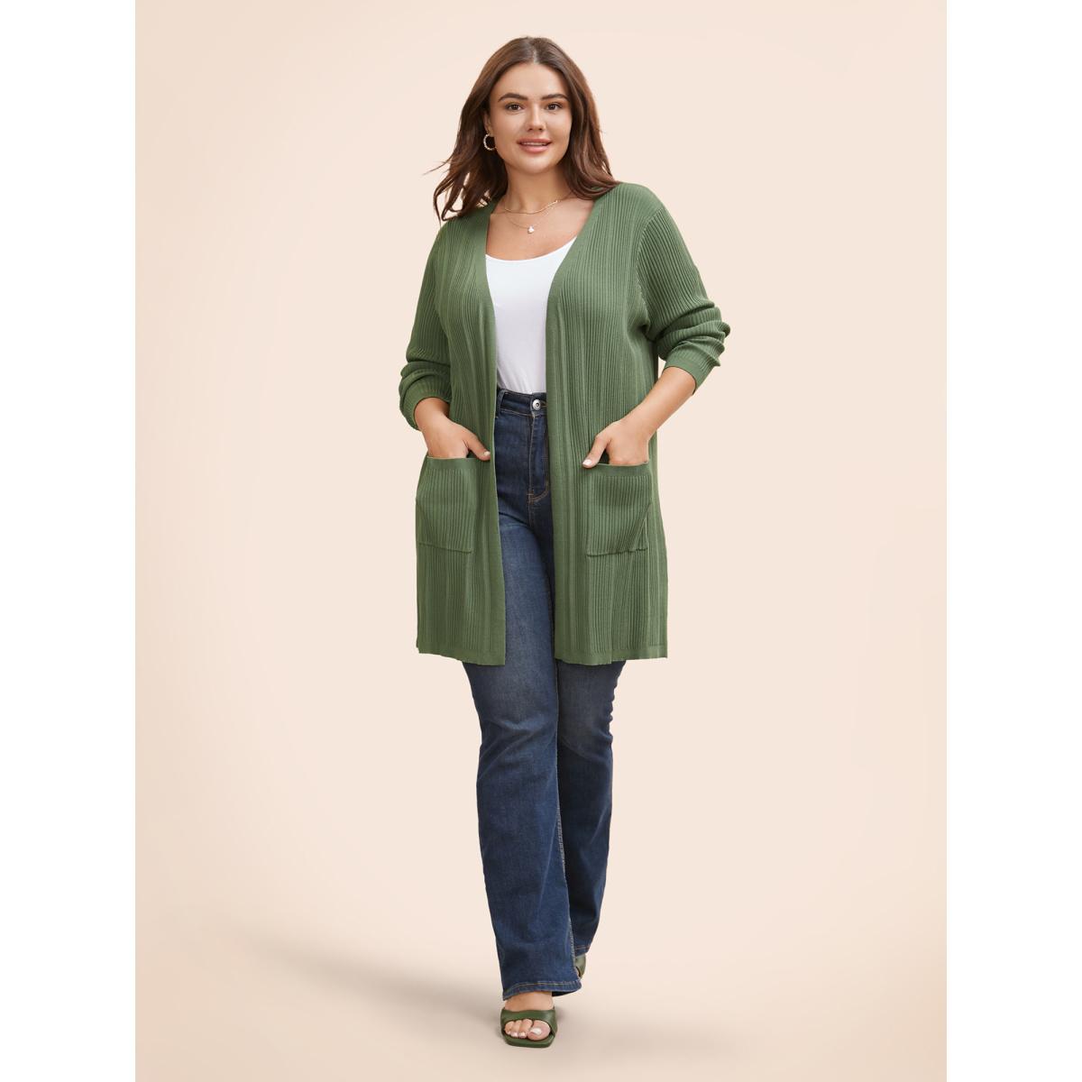 Plus Size Plain Textured Split Hem Patch Pocket Cardigan Greenbean Women Casual Loose Long Sleeve Everyday Cardigans BloomChic 22-24/3X Product Image