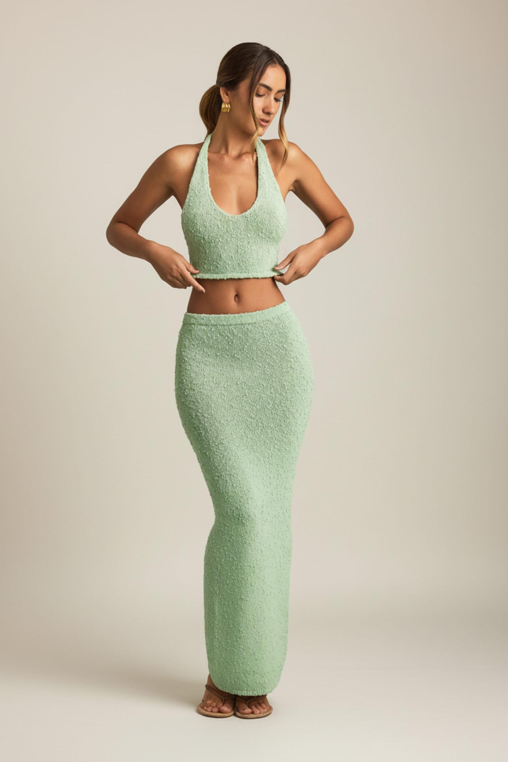 Bouclé Mid-Rise Maxi Skirt in Mint Product Image