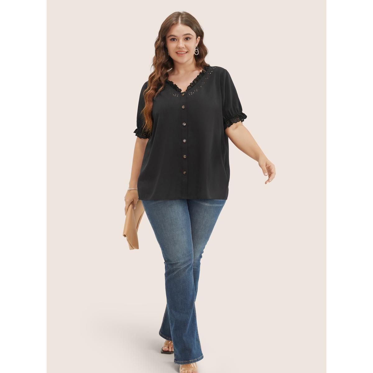 Plus Size Black Solid Lace Trim Button Up Laser Cut Puff Sleeve Blouse Women Elegant Short sleeve V-neck Everyday Blouses BloomChic 10/M Product Image