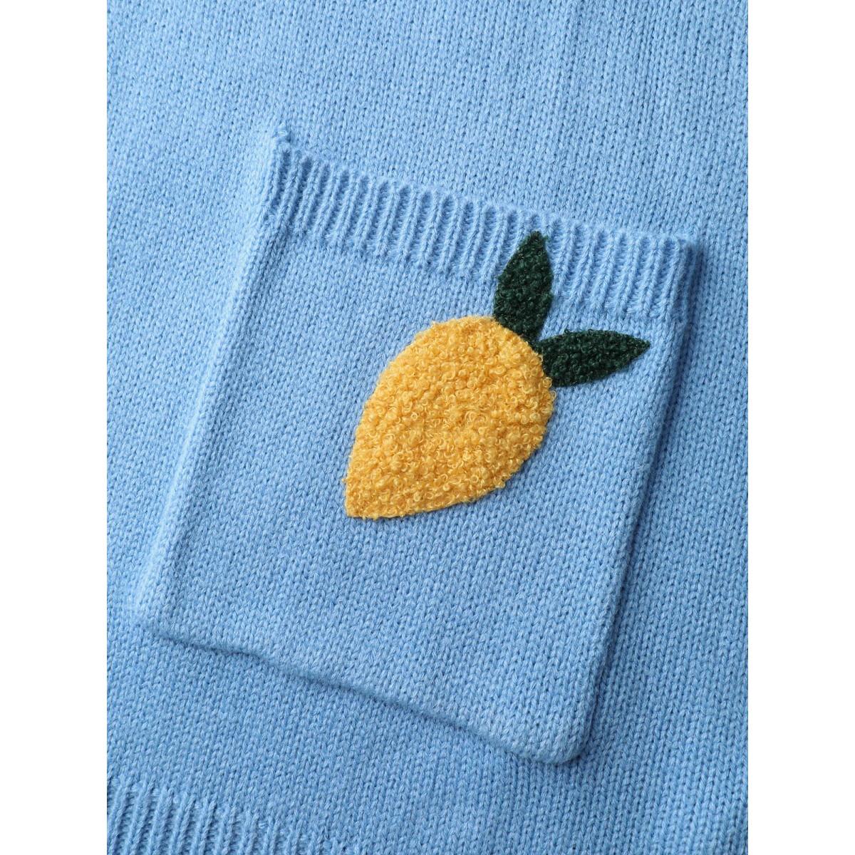 Plus Size Lemon Embroidery V-Neck Pockets Knit Cardigan LightBlue Women Playful Loose Long Sleeve Casual Cardigans BloomChic 22-24/3X Product Image