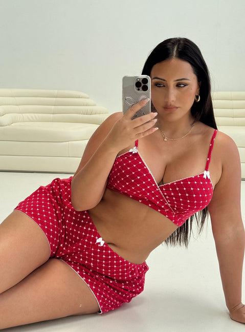 Slow Start Pointelle Sleep Short Red Curve Product Image