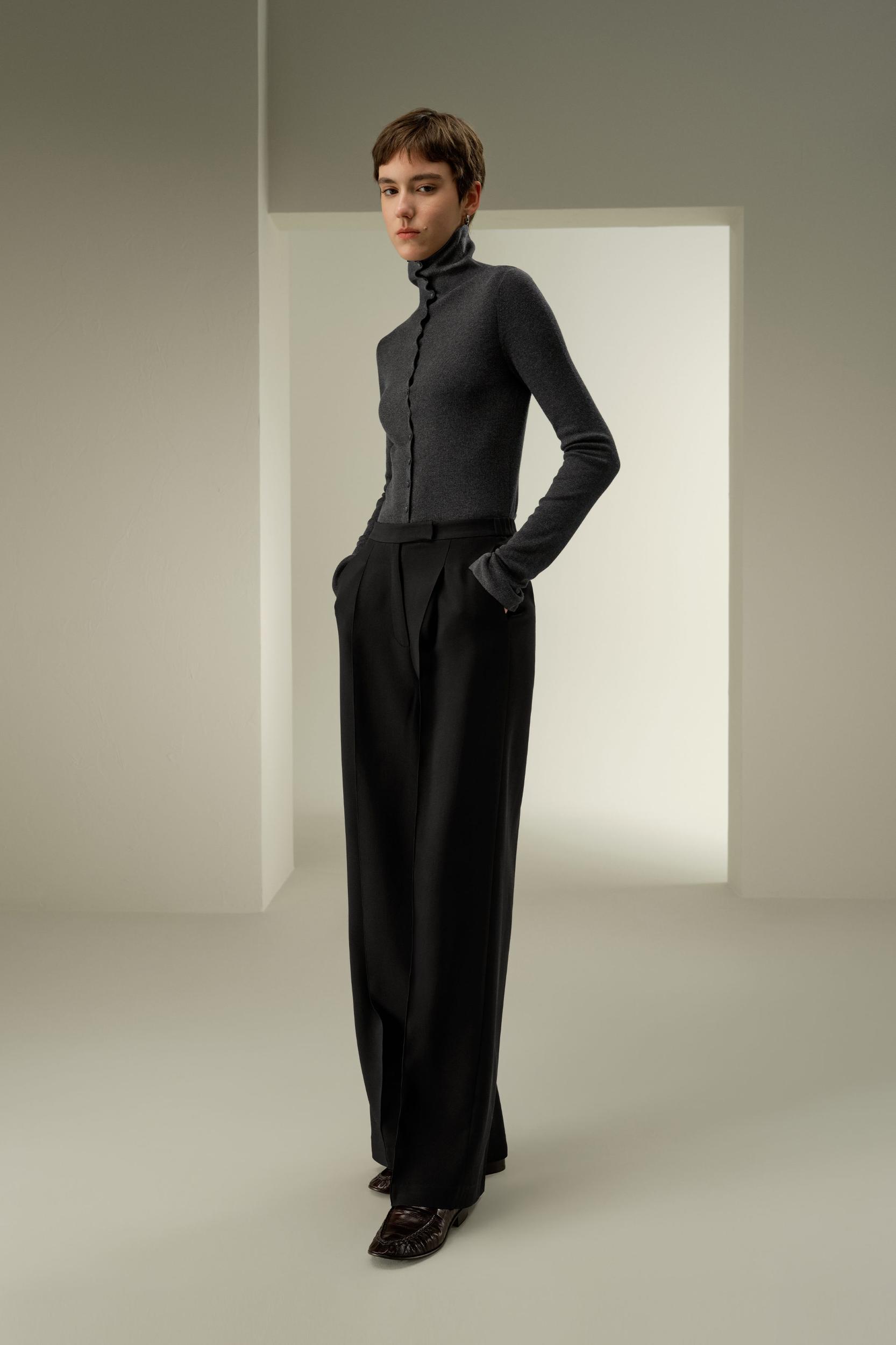 LILYSILK Women's Silk-Wool Pleated Wide-Leg Trousers, Black, Size 4, Breathable & Wrinkle-Resistant Product Image